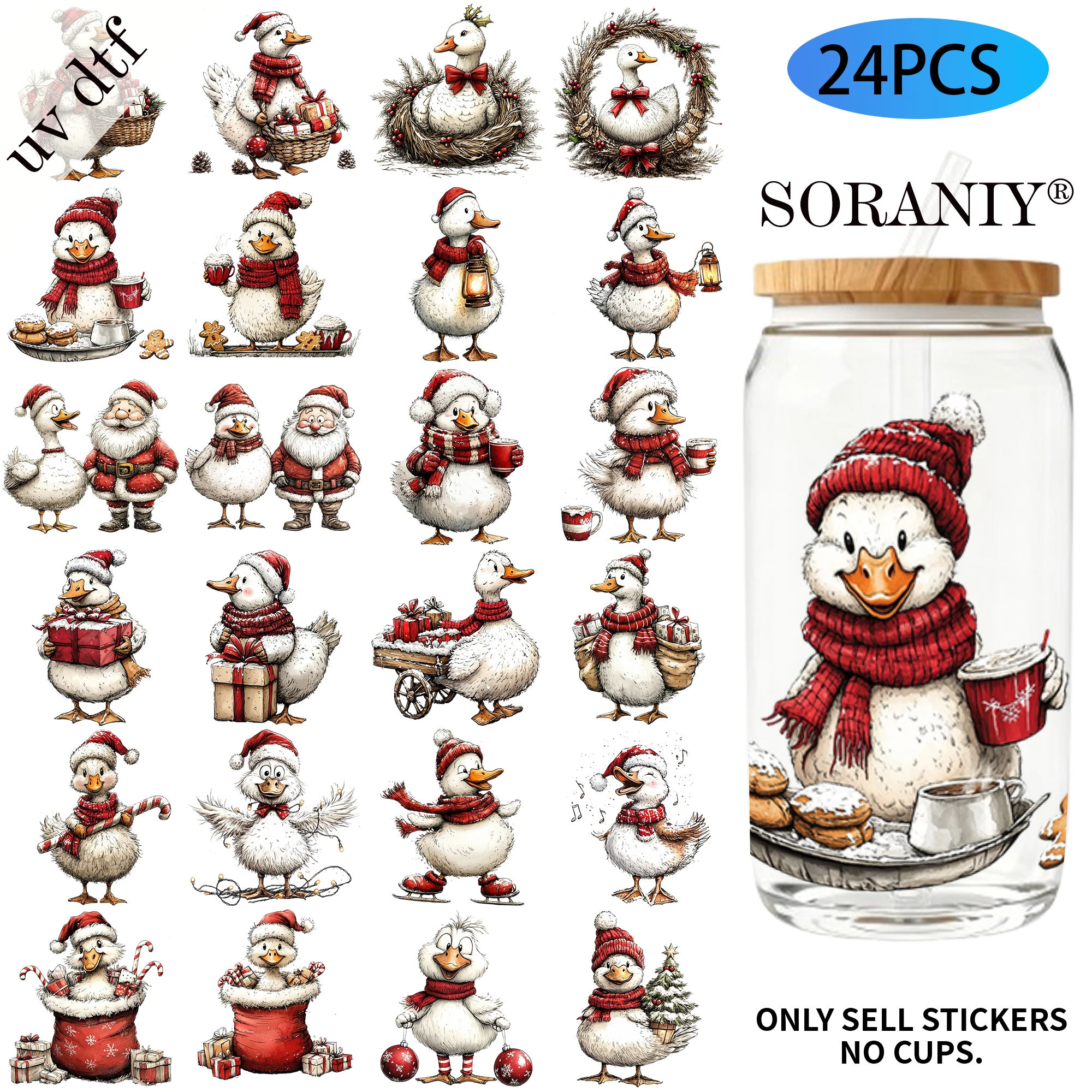 24PCS/Set Funny Christmas Goose  Themed UV DTF 16OZ DIY Transfer Paper Set Golden Text Used For 16oz Water Bottles Glass