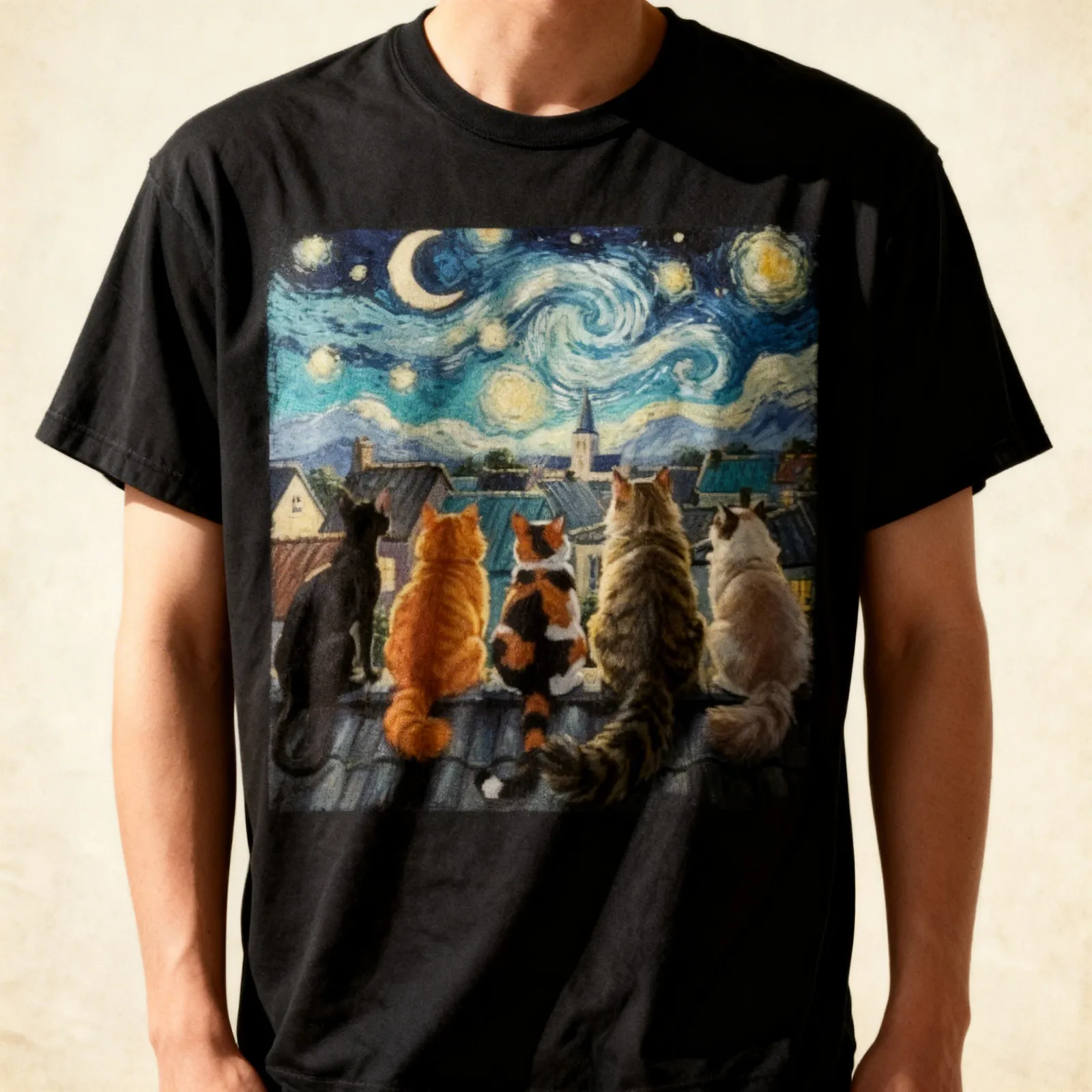 Funny Cat Starry Night Van Gogh Cats Rooftop Scene Feline T-Shirt