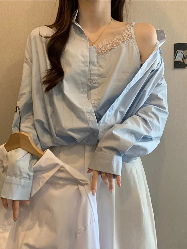 

plus Size Women's Casual Lace Splice Long Sleeve Shirt Loose Slimming Spring Fashion Top Elegant Two-Piece Style Comfortable ...