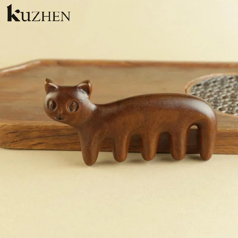 

Cat Shape Sandalwood Hair Comb Scalp Relax Acupoint Massager Portable Wooden Handle Five Teeth Comb Anti-Static Styling Tool