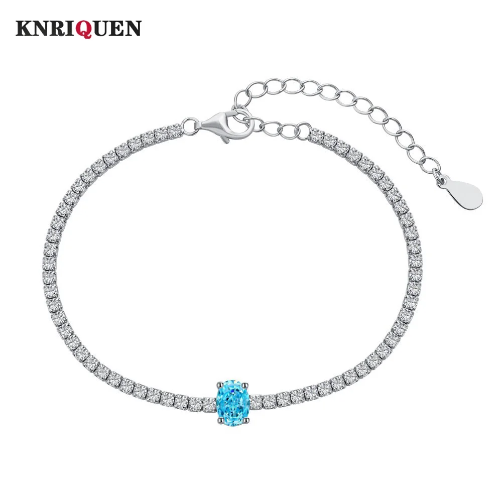 Luxury 100% 925 Real Silver 5*7mm Aquamarine Pink Quart High Carbon Diamond Tennis Chain Bracelet Women Party Fine Jewelry Gifts