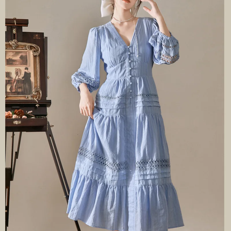 ビーチスタイル新作入荷　夏　エレガント　スリム　レディースワンピース　Vネック　ランタンスリーブ　透かし彫り　Aライン　良質コットンワンピース　Y123