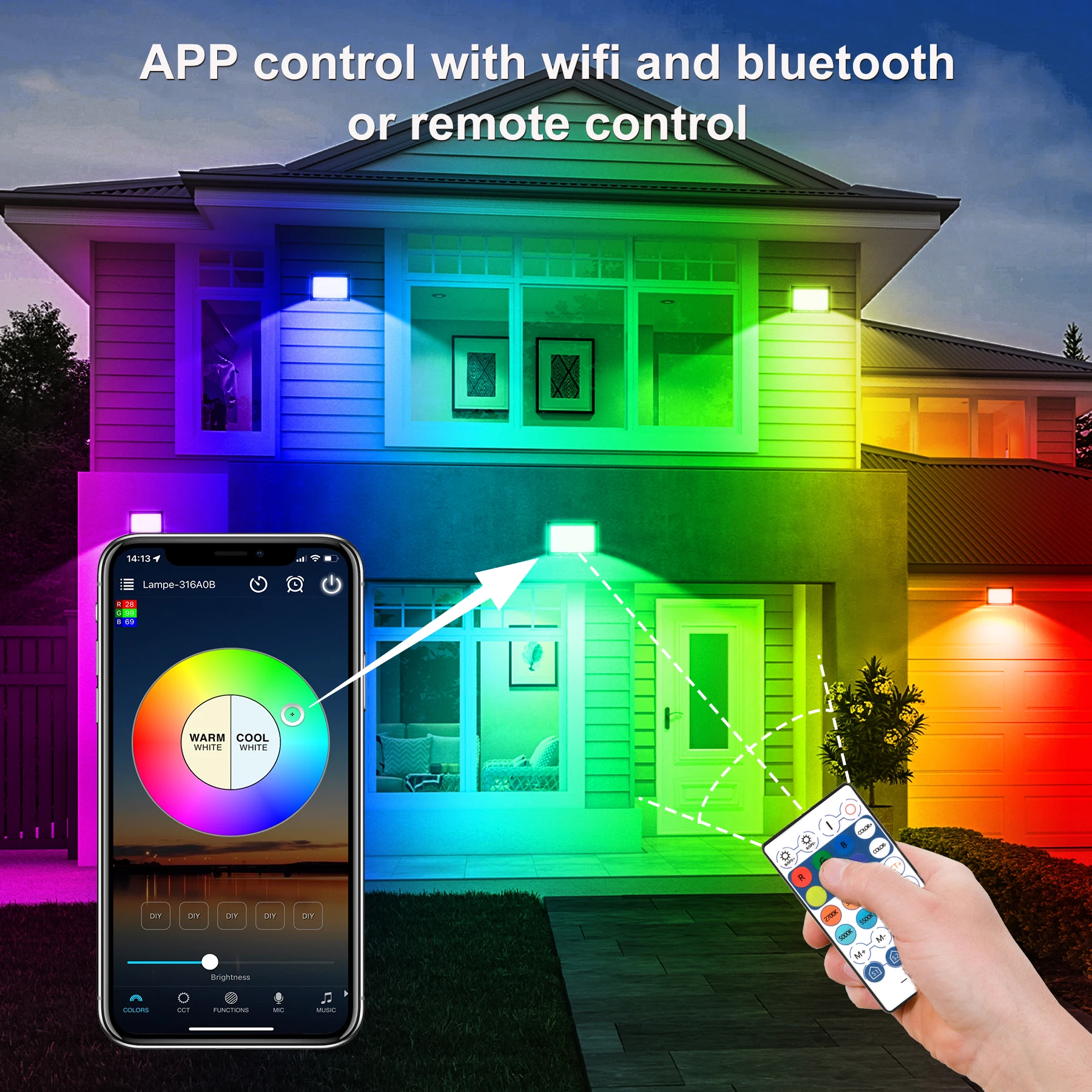 30/60/100W RGBCW LED Flood Light Floodlight Spotlight With APP Remote Control IP66 Waterproof Outdoor Garden Lamp