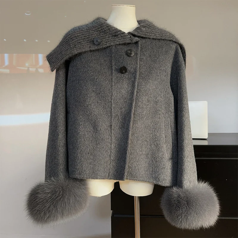 أزياء الشتاء الدافئة الطبيعية الحقيقية الفراء الثعلب معطف الفرو الكشمير الصوف الصوفية المرأة سترة عارضة أبلى معطف الإناث