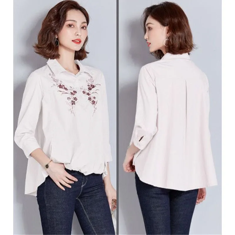 Women Shirt New Loose 2024 Summer Coat Straight National Style Literature Lapel Large Size Ladies Jacket Embroidered Tops Female