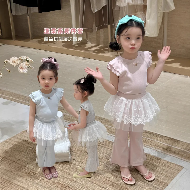 Large and small roll children's set2026New Summer Style Girls' Sweet Lace Top and Skirted Pants Two-Piece Set