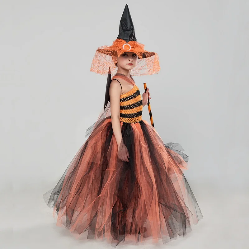 Costume da strega per feste di carnevale di Halloween per ragazze vestito da Tutu da favola per bambini con cappello da scopa Set Deluxe