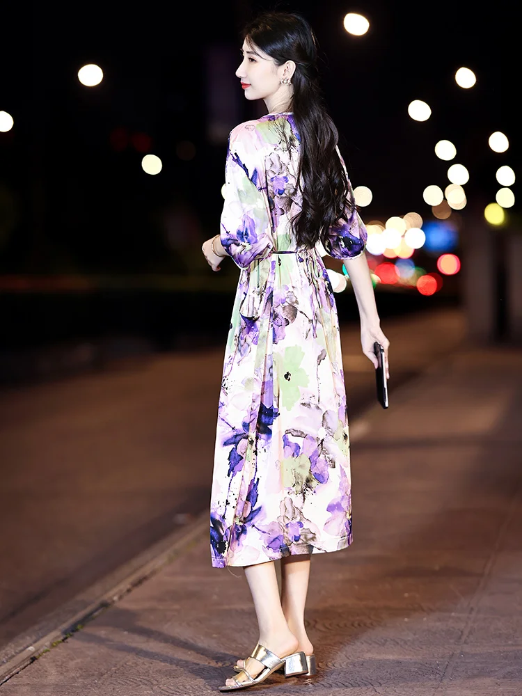 High Quality Ink Painting Heavy Real Silk Dress 2024 New Summer Purple Printed High-Grade Loose 