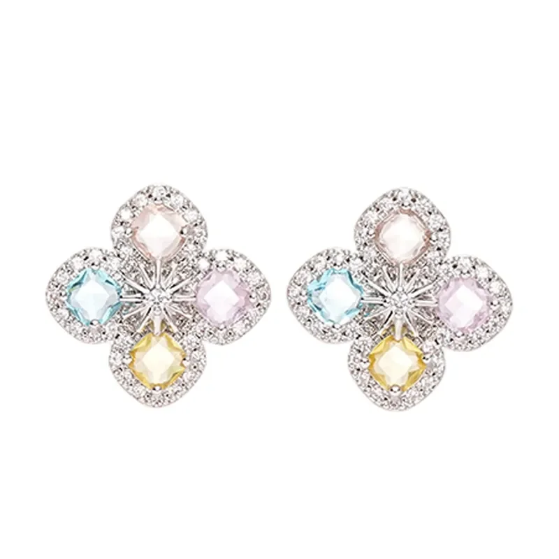 Sugar Island Castle, Super Flash Zircon Color Treasure Flower Stud Earrings Party Atmosphere Earrings Light Luxury Niche