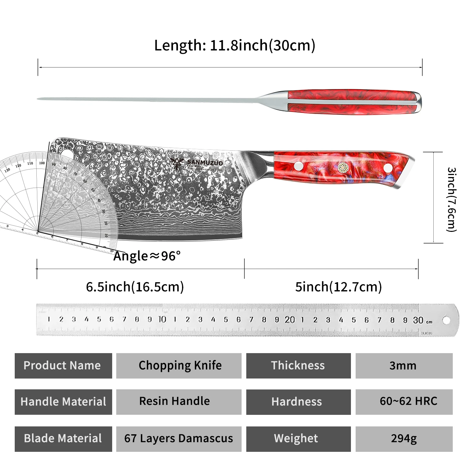 Afbeelding 5: Sanmuzuo Beenhakmes-6.5 Inch Hakmes-Xuan Serie-Vg10 Damascus Stalen Keukenmes-Handvat Van Hars (Rood)