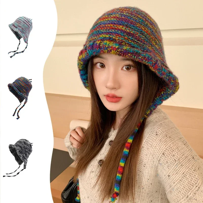 

Winter Ear Protection Woolen Knitted Hat Rainbow Stripe Knitted Headgear Korean Women Fisherman Cap Girls Ski Riding Bonnet 모자