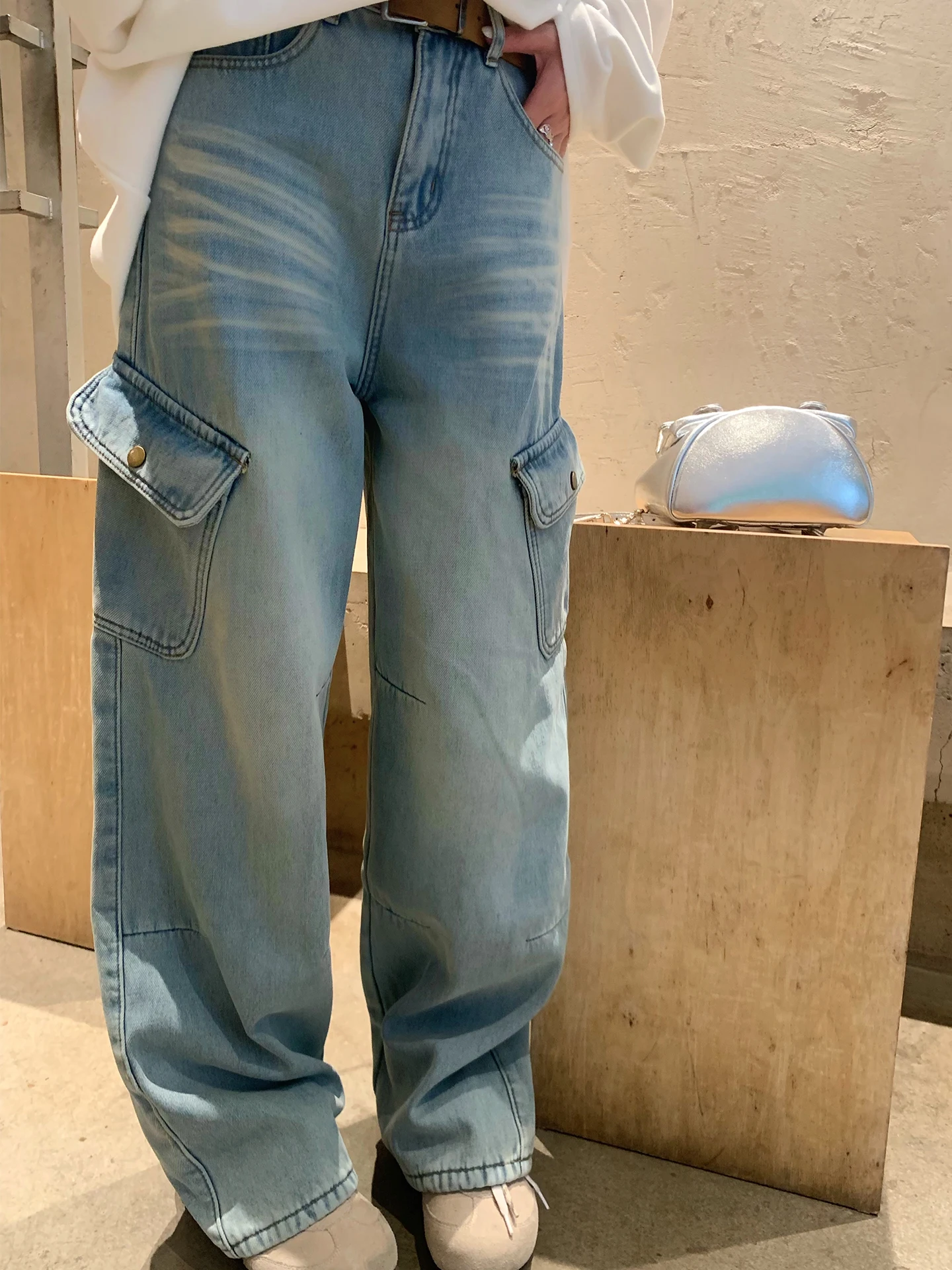 

Джинсы Xueke Light Blue Fce с подкладкой, прямые, женские, зимние, свободного кроя, в американском уличном стиле, модные длинные брюки