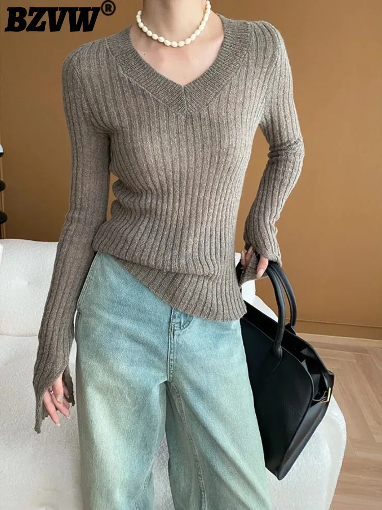 

BZVW Elegant Knited Sweater For Women V-neck Long Sleeves Solid Color Gathered Waist Tops 2024 Autumn New Clothing 25A8550