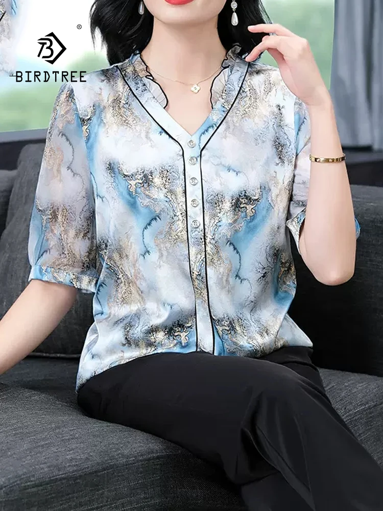 BirdTree, 91.8% Real Silk Loose Shirts, Women's V Necks Half Sleeve Printed, Mom Elegant Commute Blouses, 2024 Summer T444128QC