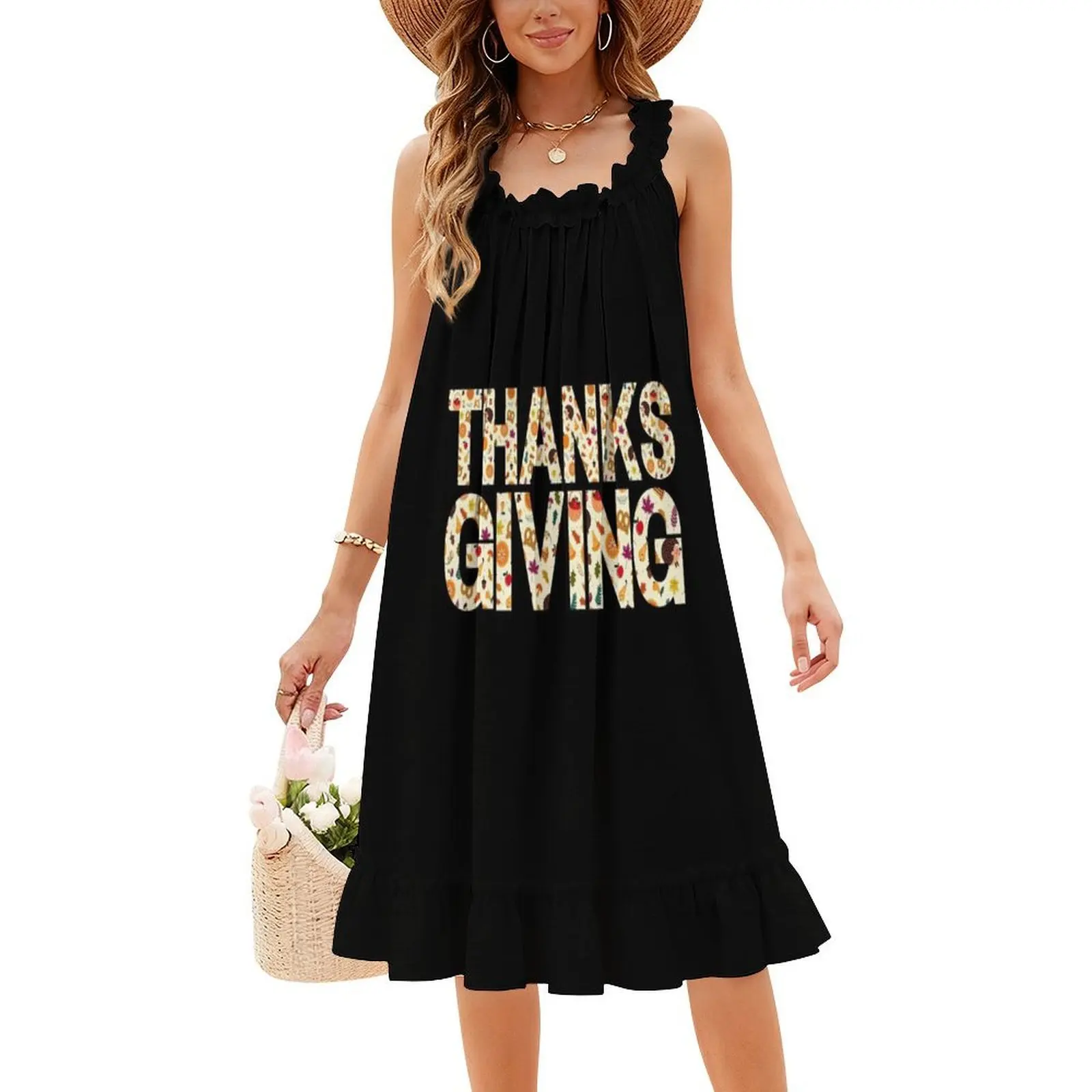 فستان على الطراز الكوري لعيد الشكر للنساء، فستان كاجوال أنيق للحفلات أو الملابس اليومية، طباعة عيد الشكر المضحكة #4