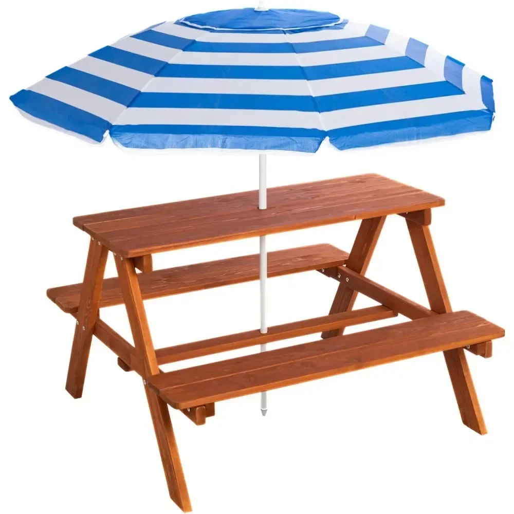 

Wooden Picnic Table with w/Adjustable Collapsible Umbrella,Toldder Picnic Outdoor Patio Table with Built-in Seats