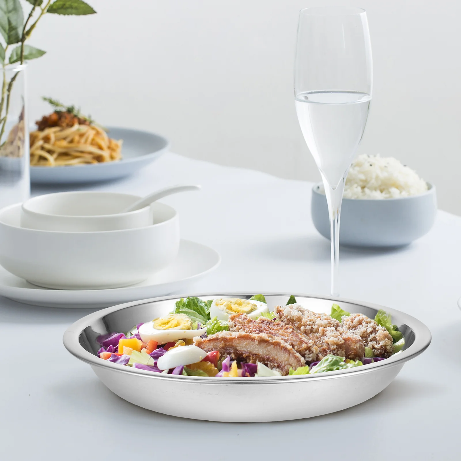 

Round Stainless Steel Plate Thickened Multipurpose Serving Dinner Plate Steak Snack Dessert Dish Cake Dish Cereal Bowl