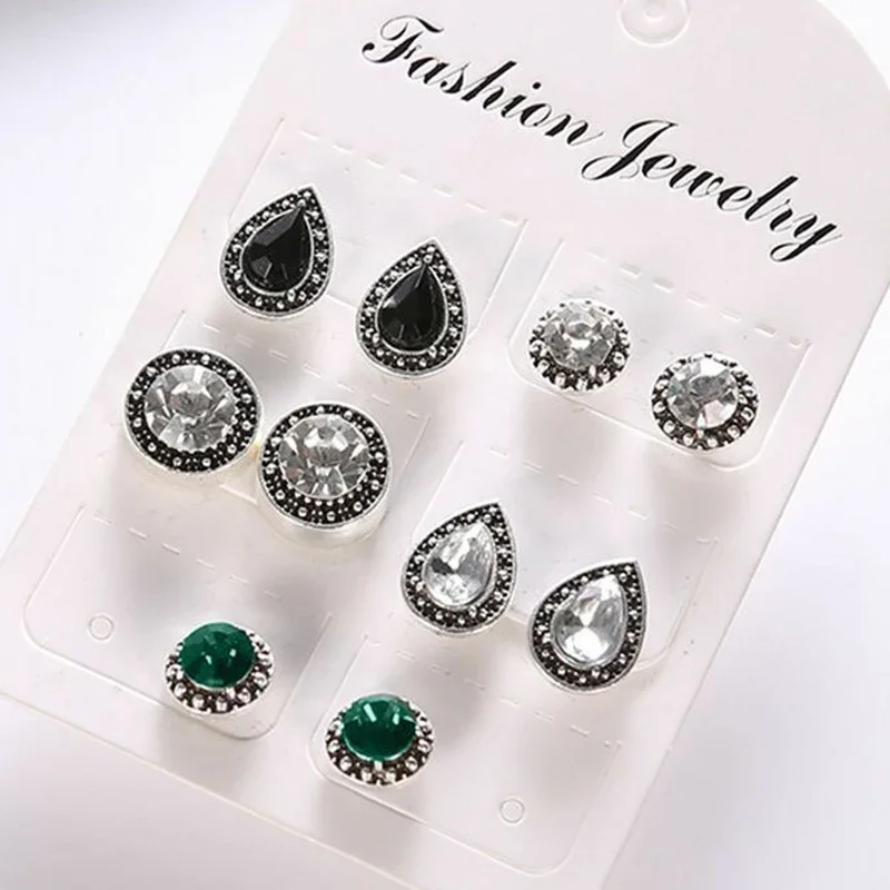 5 Pairs/Set Stud Earrings Cubic Zirconia Water Drop Green Black Crystal Gemstones Women Push-back Earring Studs