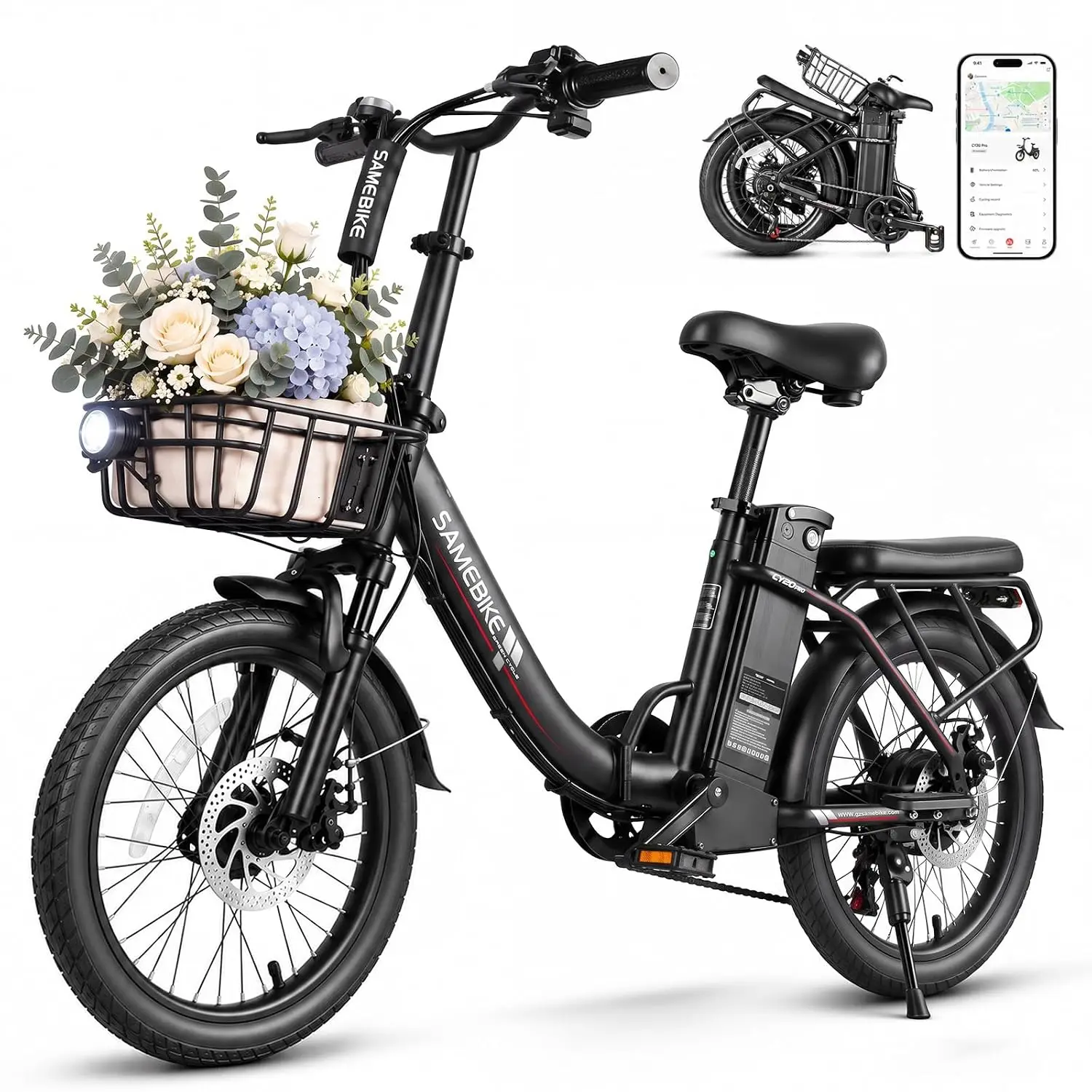 Folding Electric Bike with Basket & Rear Seat, 1200W Motor, 48V 13Ah Battery, 60 Miles Range, 20 MPH, 20
