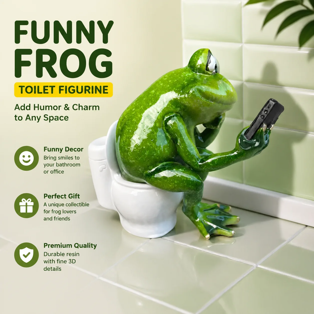 

Green Frog Sitting on Toilet Figurine Funny 3D Resin Statue Texting Collectible Animal Sculpture for Bathroom Home Office