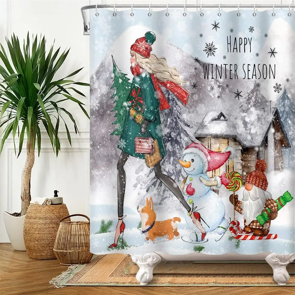 Christmas Shower Curtain Red Truck Xmas Trees Funny Santa Claus Snowflake Brown Wooden Plank Home Bathroom Decor Cloth Curtains