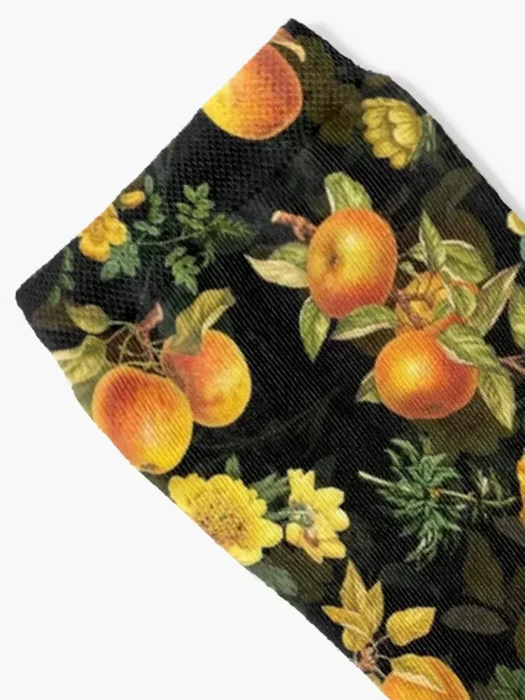 Vintage Flowers and Golden Apples on black Socks Running Children's fashionable loose Socks Women Men's