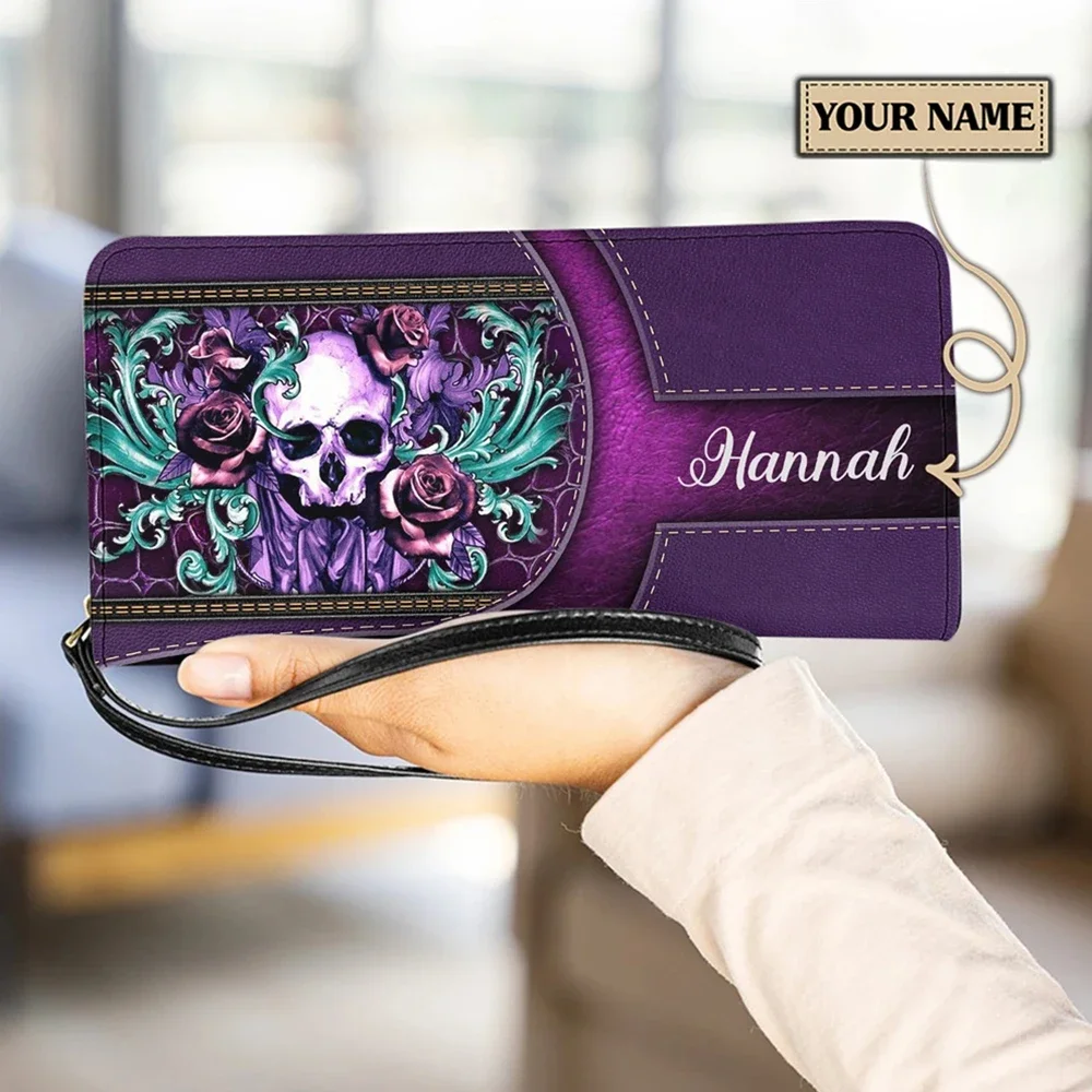 Gothic Skull Pattern Purses for Women Custom Name Pu Leather Card Holder Long Travel Coin Money Wallets Female Clutch Money Bags