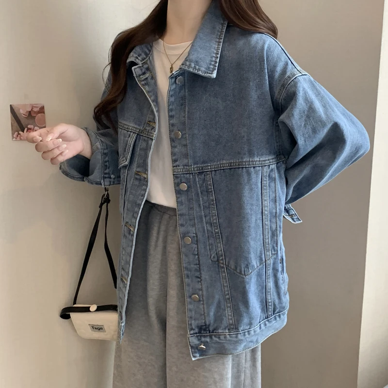 Oversized Women Denim Jackets BF Style Loose Single Breasted Lapel Casual Jean Coat Spring Autumn Outerwear Streetwear