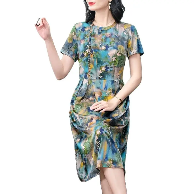 Vestido solto com estampa BirdTree para mulheres, vestidos de cintura alta, manga curta, seda real, vestido vintage, vestido grande solto, 90% seda real, D44406QC, verão 2024