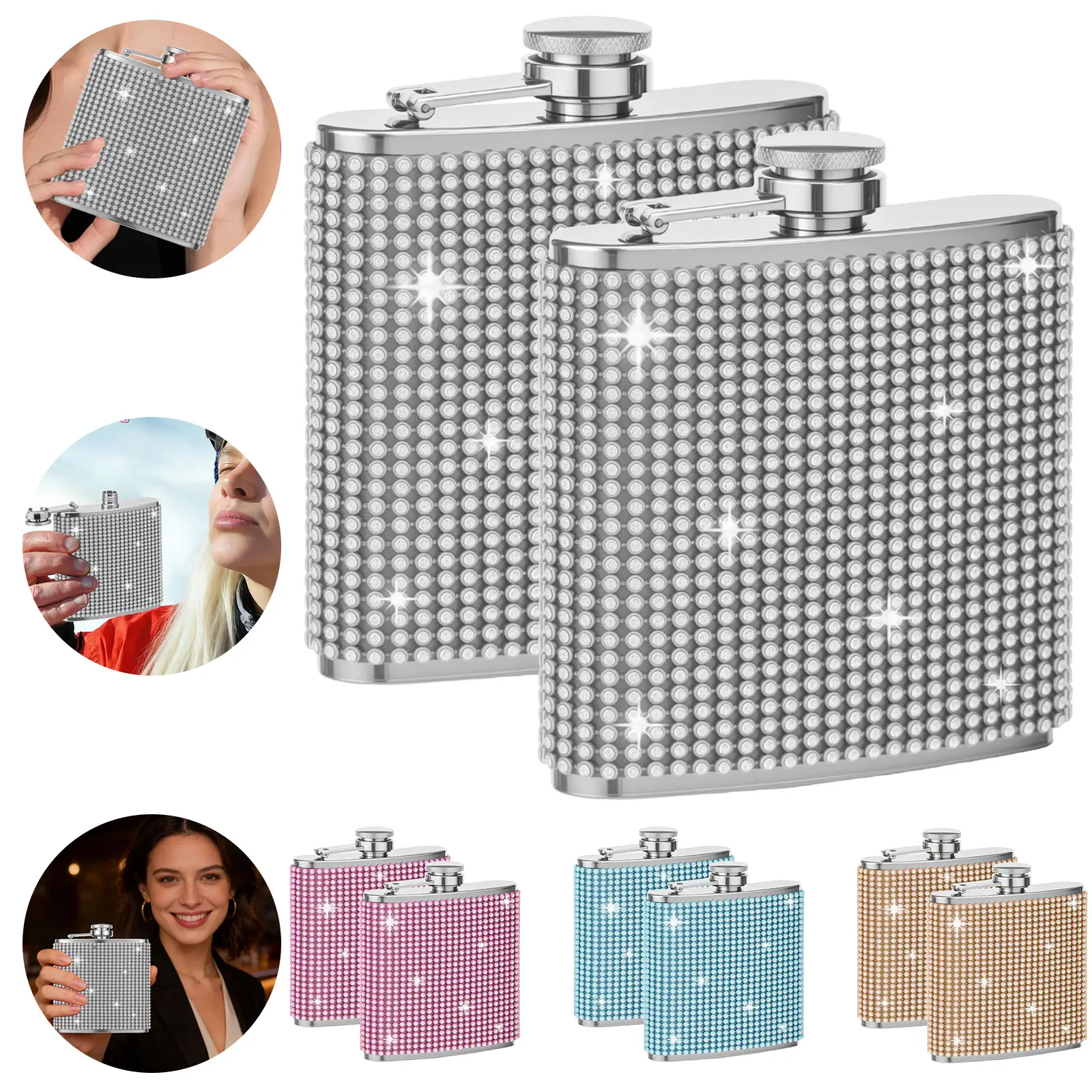 

2 Pcs Diamond Hip Flask 6 oz Glitter Bling Pocket Decorative Flask 304 Stainless Steel Wine Pot Portable Flask for Wine Drinking