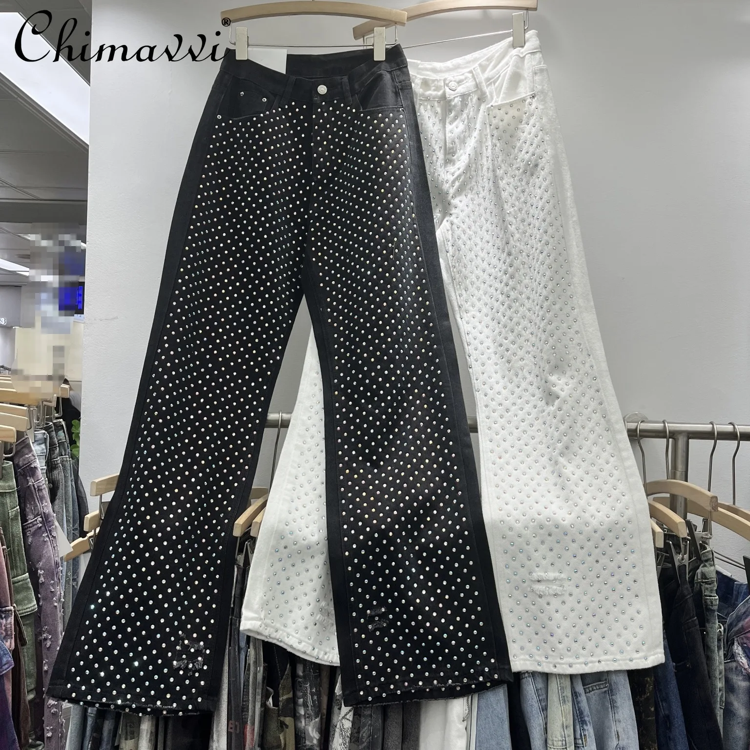 2025 Primavera di Nuovo Modo A Vita Alta Hot Diamond Industria Pesante Pantaloni Svasati delle Donne Skinny Streetwear Sottile Jeans Elastici delle Donne