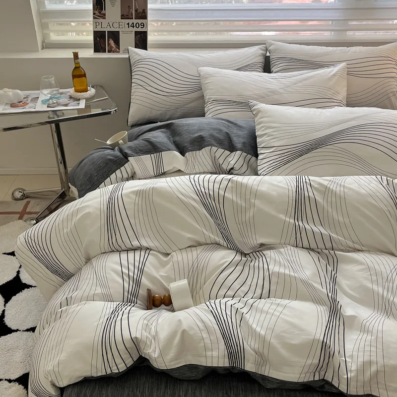 Simple Nordic Pure Cotton Striped Bedding Set Naked Sleeping Comfortable Duvet Cover Set Fitted Sheet Kit for Single and Double