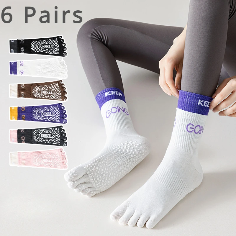 2-6 Pairs Yoga Pilates Socks with Grip  Women Five Finger Socks Non-slip Sports Toe Socks with Separate Fingers High Tube