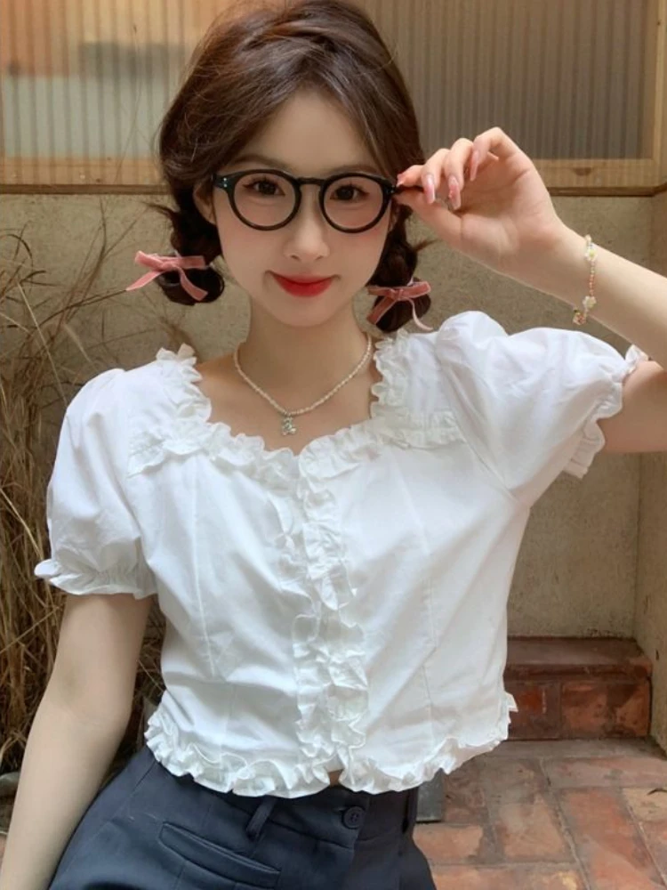 

Рубашки во французском стиле, женские съедобные деревянные грибы, милые летние элегантные молодые укороченные топы Y2k, модная повседневная уличная одежда, эстетичная винтажная одежда