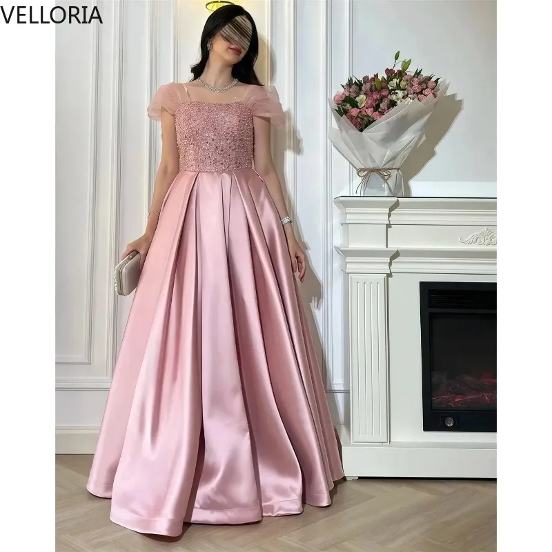 Rosa a linha vestido de noite frisado mangas boné cetim vestido de baile nova chegada vestido de festa vestdos de fiesta personalizado