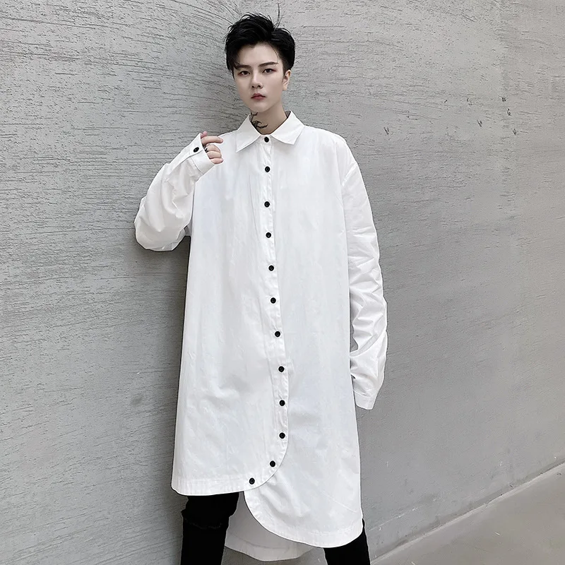 Spring New Men's Hair Stylist Shirts Personality Multiple Button Irregularity Oversize Long Shirt Lapel Male Clothes Hombre Coat