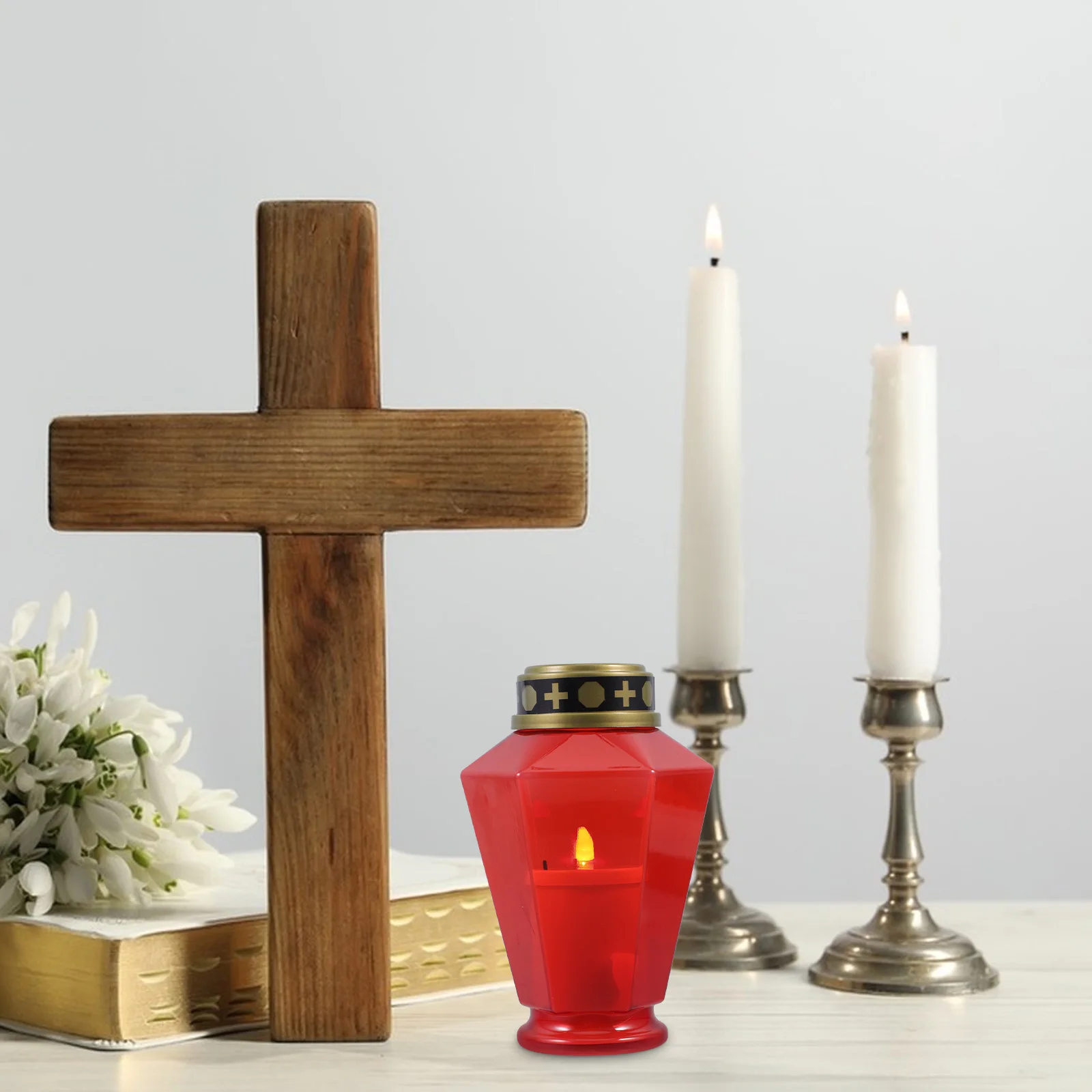 Led الإلكترونية عديمة اللهب تعمل بالطاقة الشمسية عبر الضوء للخارجية مقبرة الكنيسة ديكور الهدايا التذكارية الدينية #1