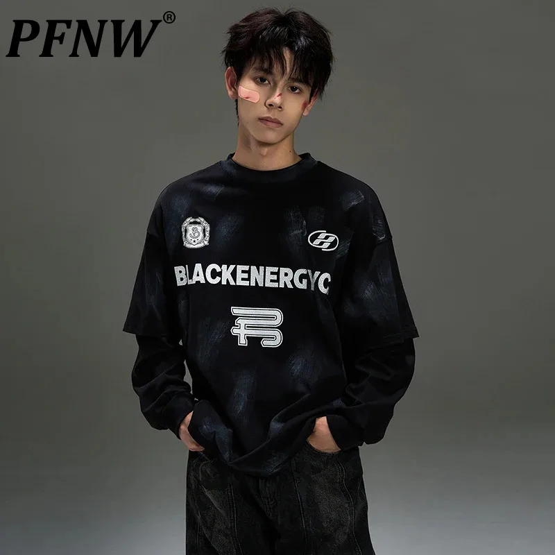 

PFNW American Letter Printed Spliced Design Male Street T-shirt Fake Two-piece Long Sleeve Men Hip-hop Couple Tops Chic 28W4370