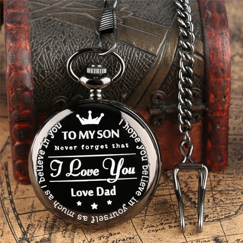 To My Son L Love You from Dad Mom Creative Black Quartz Analog Pocket Watch for Boy Kid Pendant Chain Clock Reloj De Bolsillo