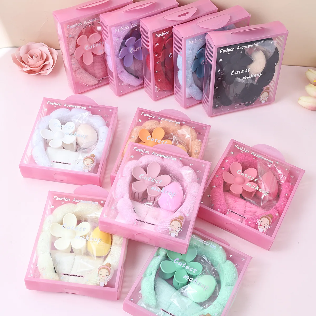Women Spa Makeup Headband Set Cloud Fluffy Hair Band Wristbands Beauty Blender Flower Hair Claw Clips Bath Hair Accessories