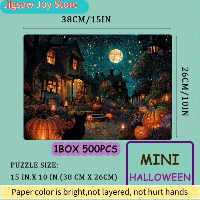 1 boîte (500 pièces) de puzzles pour adultes, cabane de citrouille au clair de lune, pour jeux de société et activités - Mosaïque de couleurs mélangées enchanteuse 1