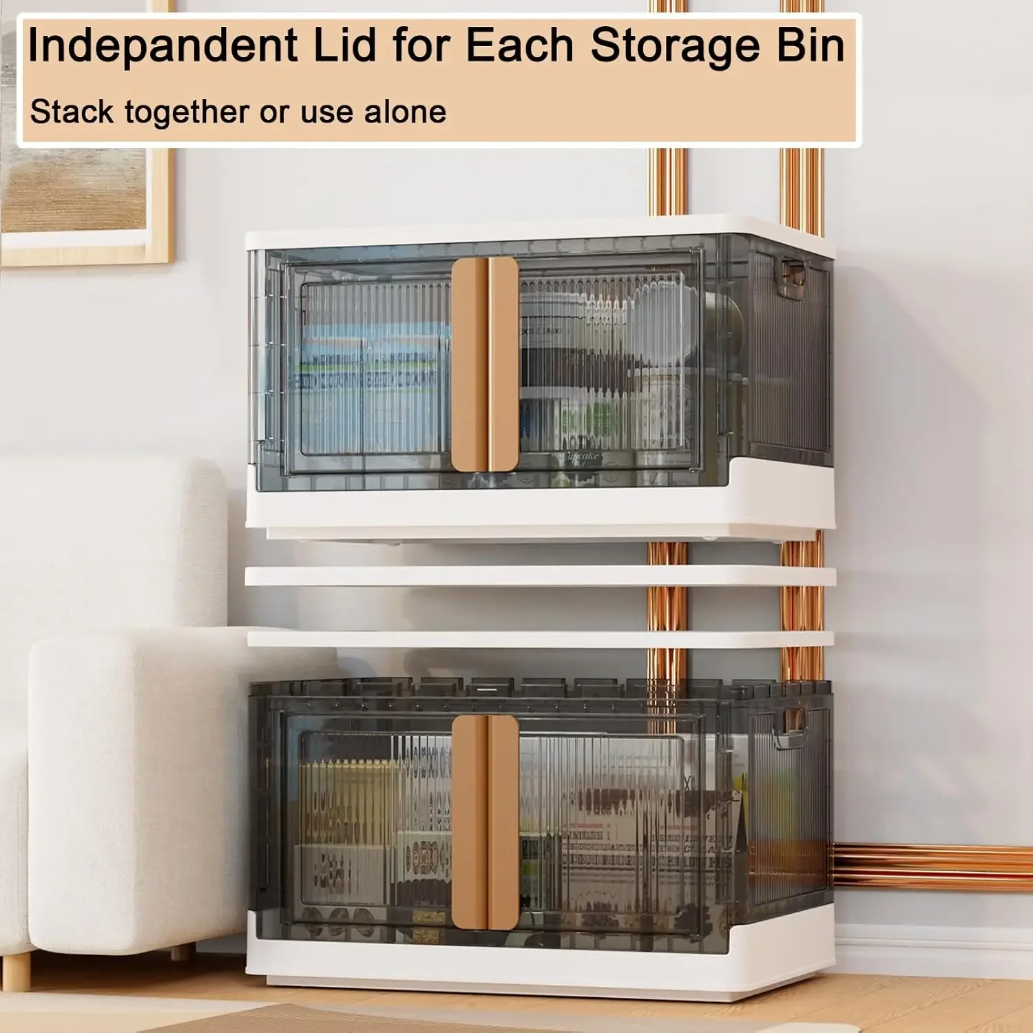 Storage Bins with Lids - 300Qt (3 x 100QT) Plastic Bins, Stackable, Folding with Open Front Door and Wheels for Organizing.