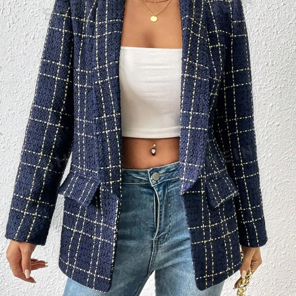 Damesblazers Herfst Winter Comfortabel Chic 2025, elegant, stijlvol, geruit, lange mouwen, omgeslagen kraag, casual vesten