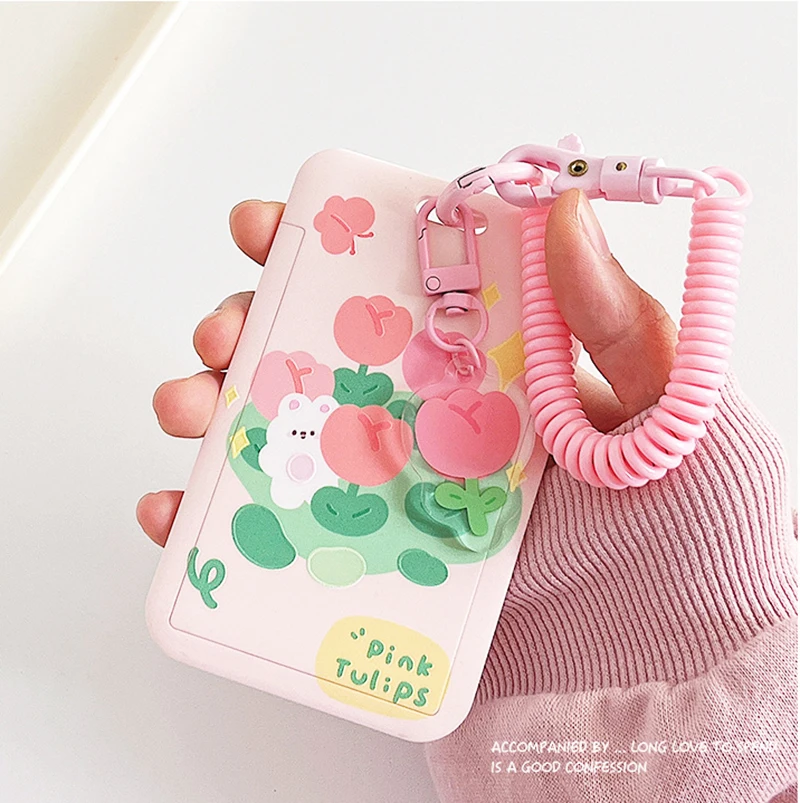 Ins Style Tulip Card Set Cute Elastic Rope Student School Card Bus Meal Card Protection Set Key Chain Work Card ID Set