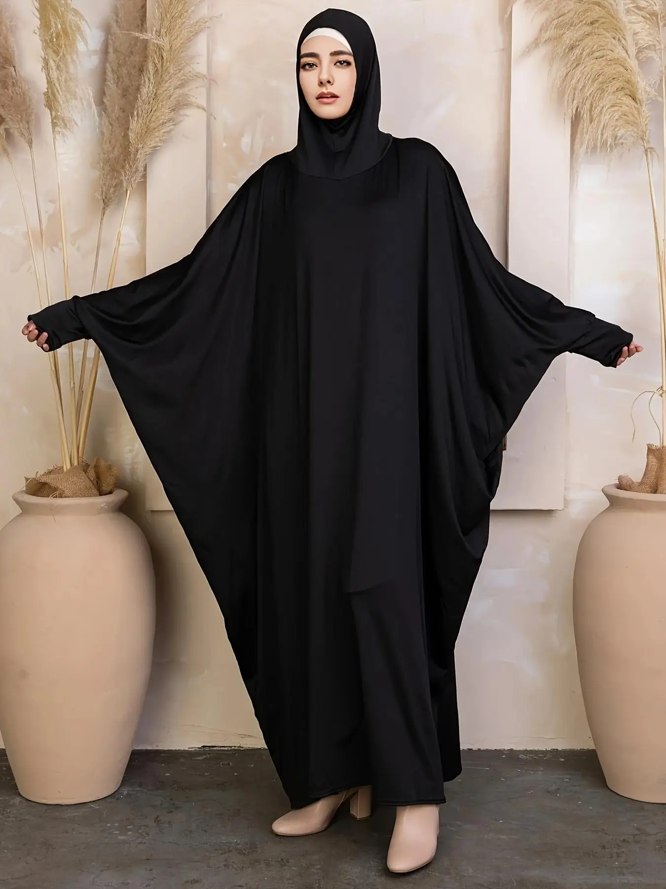 

Arabic Clothing-Solid Batwing Sleeve Hooded Kaftan, Modest Long Sleeve Dress for Spring & Fall, Women's Islamic Clothing for Dai
