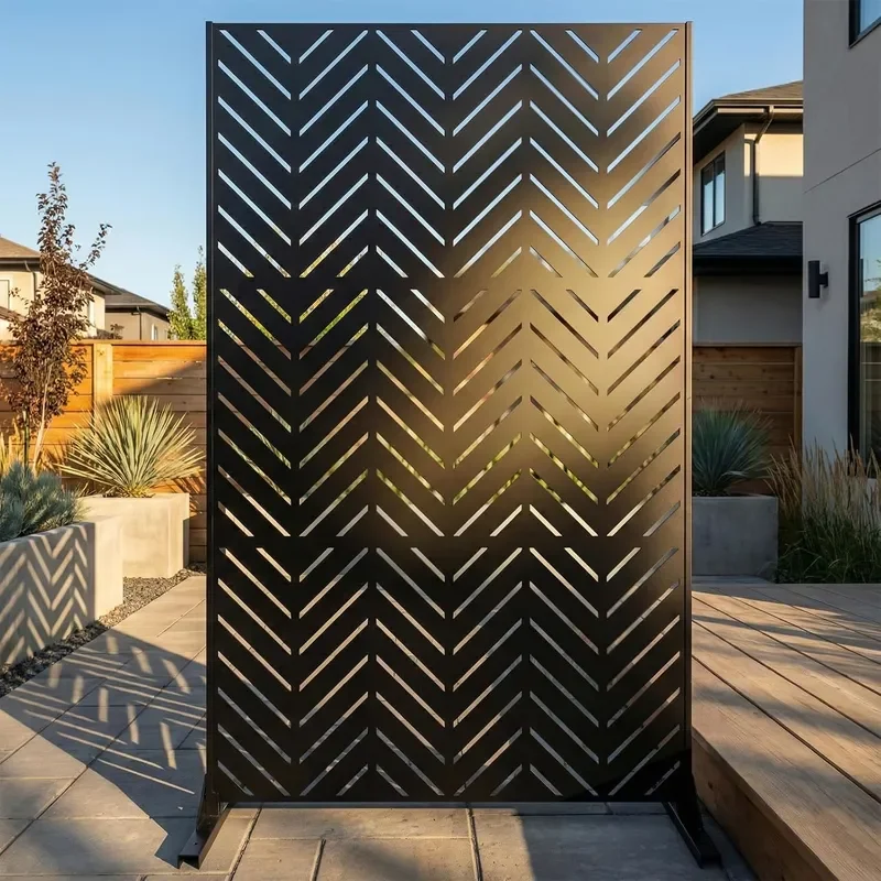 Privacy Screen Outdoor 6FT Freestanding Decorative Steel Panel with Stand Laser-Cut Chevron Pattern Modern Privacy Divider