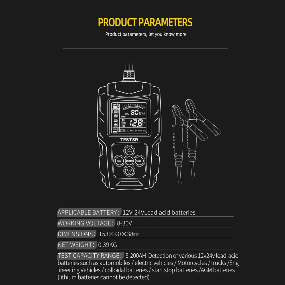 LCD 12V 24V Car Battery Tester Battery Analyzer Test Tool Digital Analyzer Tester CCA IR SOH Measurement for Car Truck Boat SUV