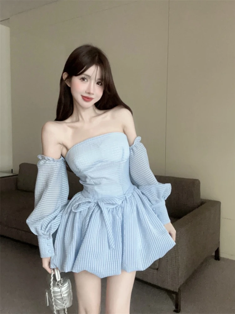 

Pure and Fresh Summer Two Piece Sets for Women 2024 New Long Sleeve Mini Dress and Shorts Light Blue Puffy Dress 2 Piece Set