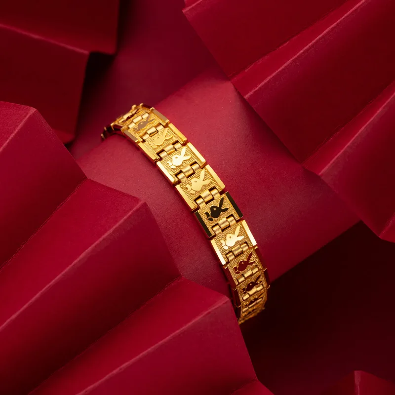 Ultra Wide 5D Mineral Rabbit Bracelet Bangle Real Gold 18 K Color Bangle for Men Birthday Father 's Day Jewelry Gifts