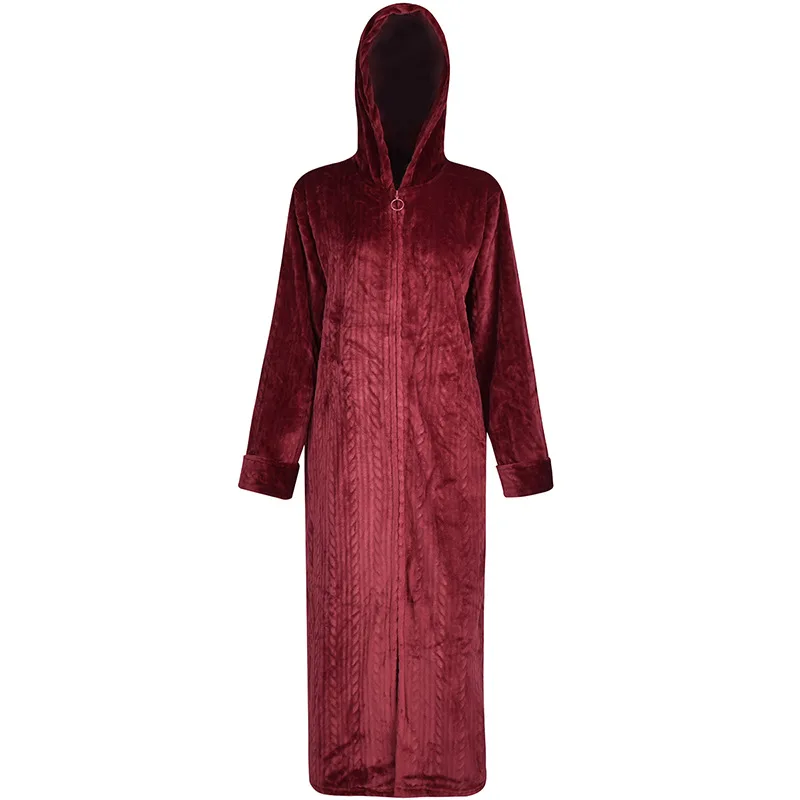 New zipper flannel bathrobes for men and women in winter, thick and long couple warm coral fleece bathrobes, large-sized hooded